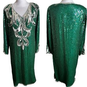Revival Studio Vintage Glam Silk Beaded Sequin Dress XL Emerald Green